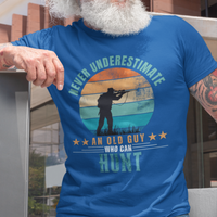 Royal blue tee featuring silhouette of a hunter with a rifle cast against a stylish distressed striped sunset 