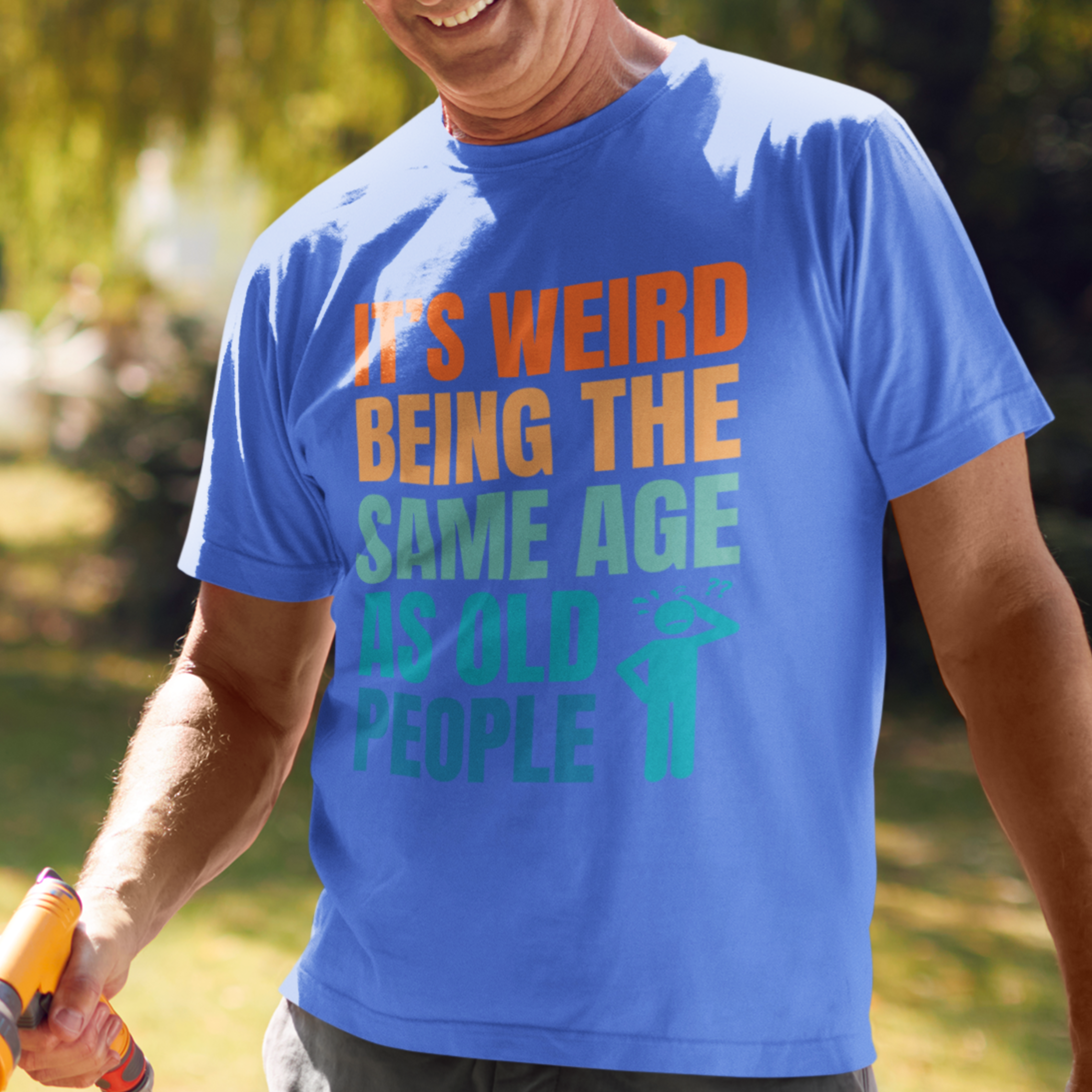 Royal blue tee featuring bold, multi-color lettering and with a pictogram of a person scratching their head in confusion