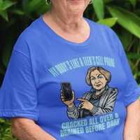 Royal blue t-shirt featuring a cartoon older woman pointing to a broken cell phone 