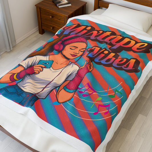 50X60 Colorful blanket with a design of a teen girl listening to music and the text 'Mixtape Vibes' on a bed.