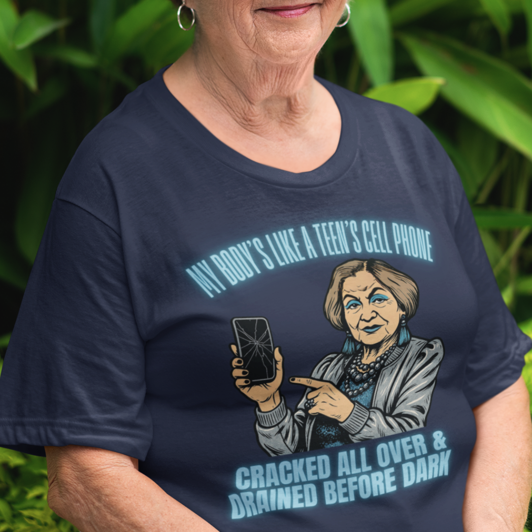 Navy blue t-shirt featuring a cartoon older woman pointing to a broken cell phone 