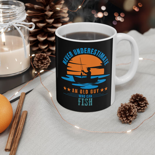 IRL black mug with fishing design and text on a table with decorative items