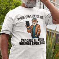White t-shirt featuring a cartoon white-bearded man with a broken cell phone, laughing