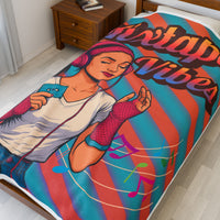 60X80 plush blanket with a design of a teen girl listening to music and the text 'Mixtape Vibe' on a bed.