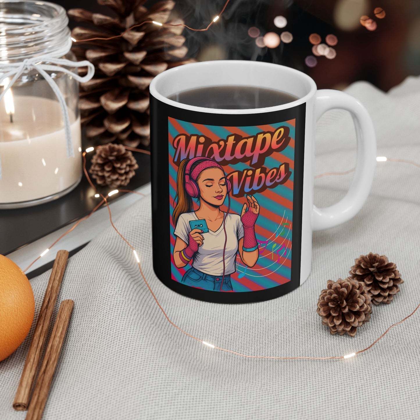Mug with 'Mixtape Vibes' design on a table with decorative items