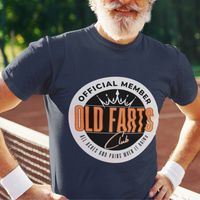 Navy blue tee featuring an orange and white emblem to the Old Farts Club