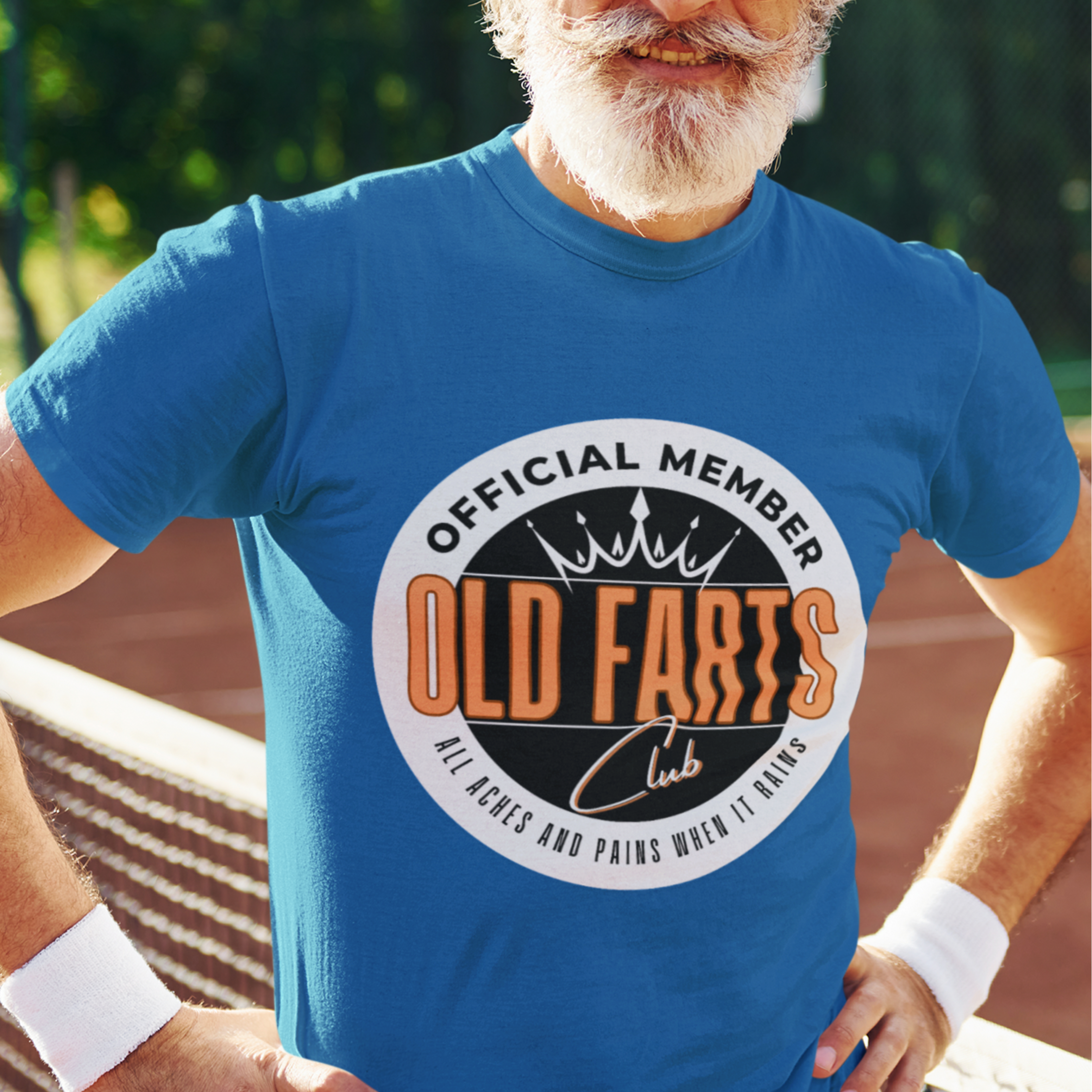 Royal blue tee featuring an orange and white emblem to the Old Farts Club