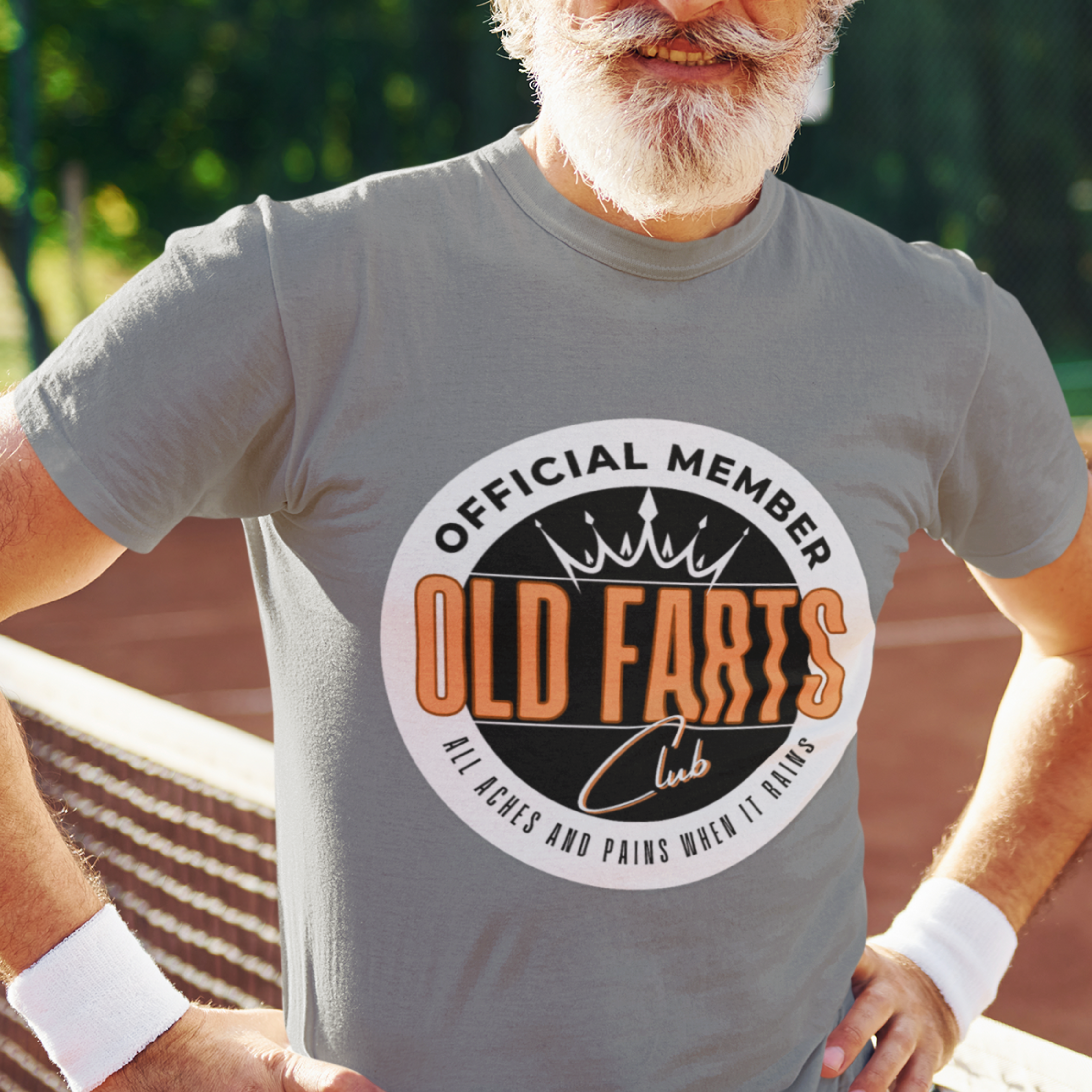 Heather gray tee featuring an orange and white emblem to the Old Farts Club