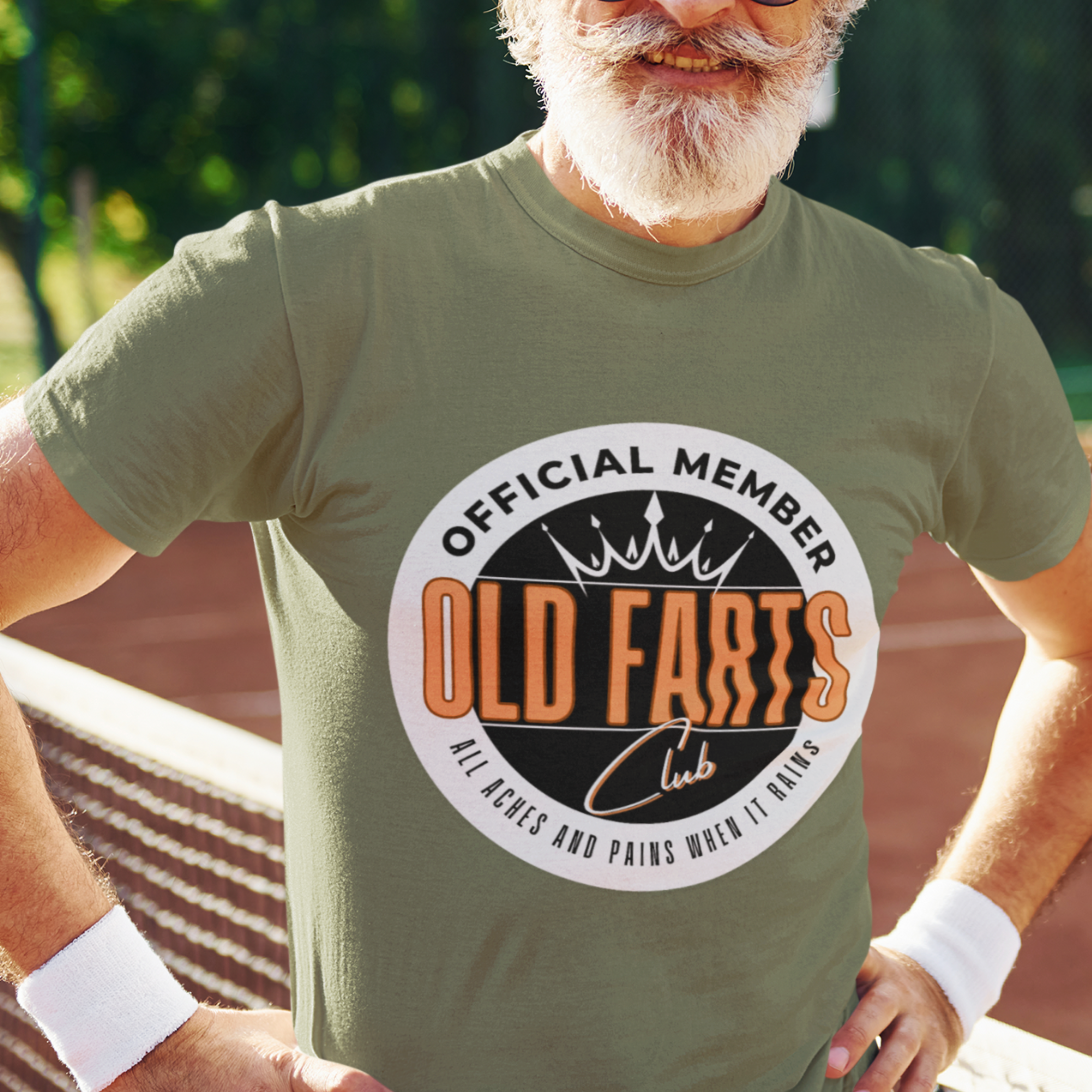 Military green tee featuring an orange and white emblem to the Old Farts Club