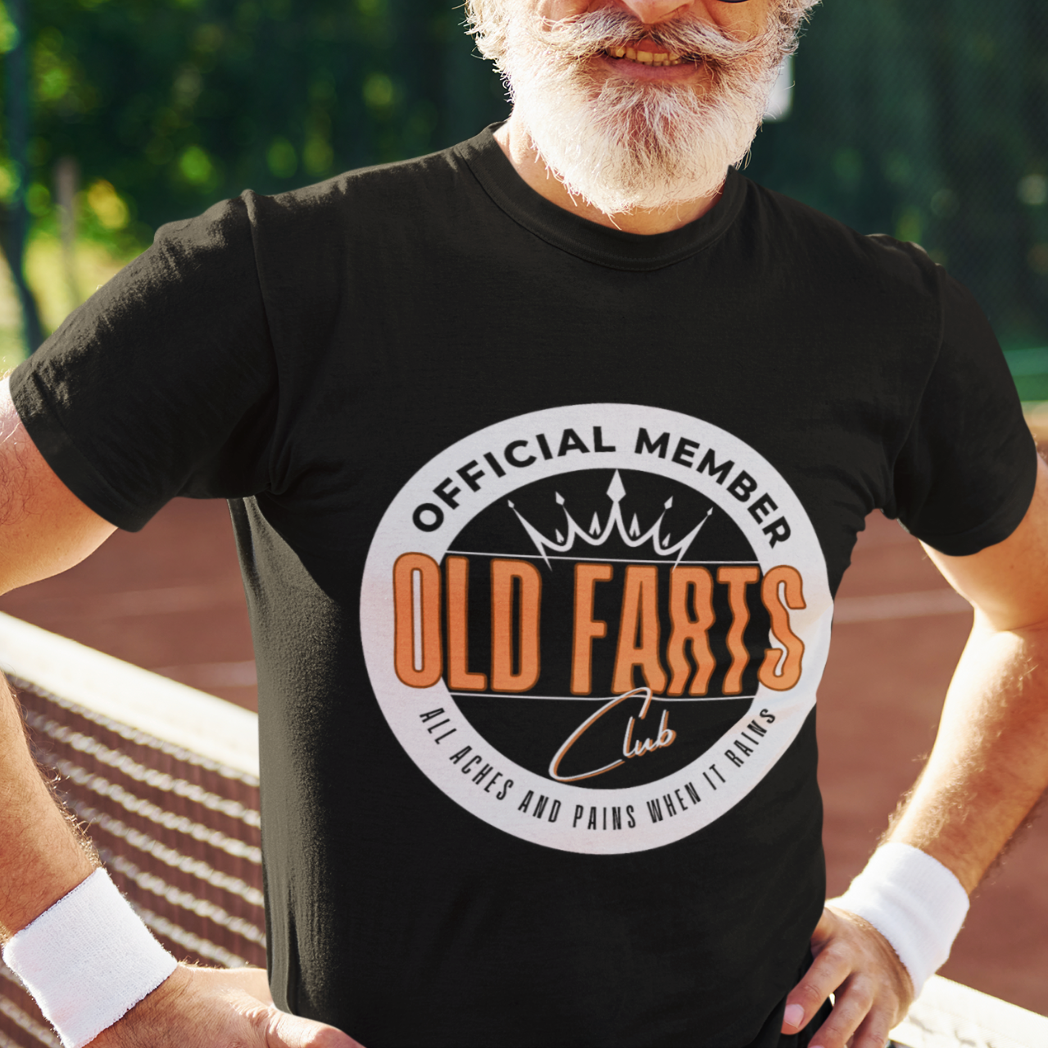 Black tee featuring an orange and white emblem to the Old Farts Club