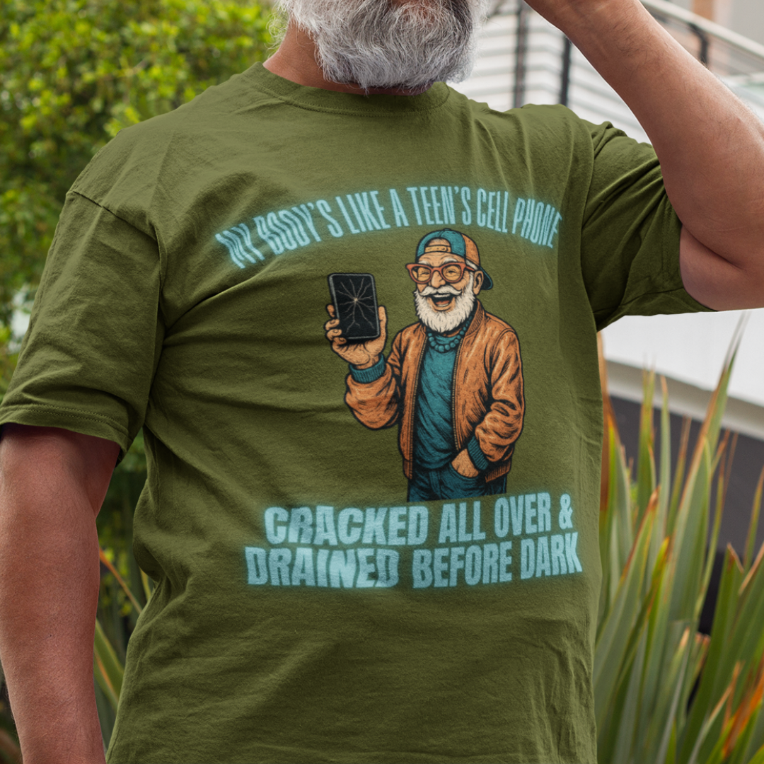 Military green t-shirt featuring a cartoon white-bearded man with a broken cell phone, laughing