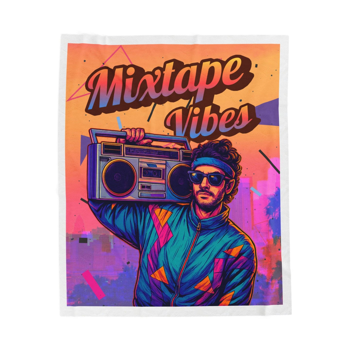 Colorful plush blanket with a person holding a boombox and 'Mixtape Vibes' text on an orange and purple gradient background.