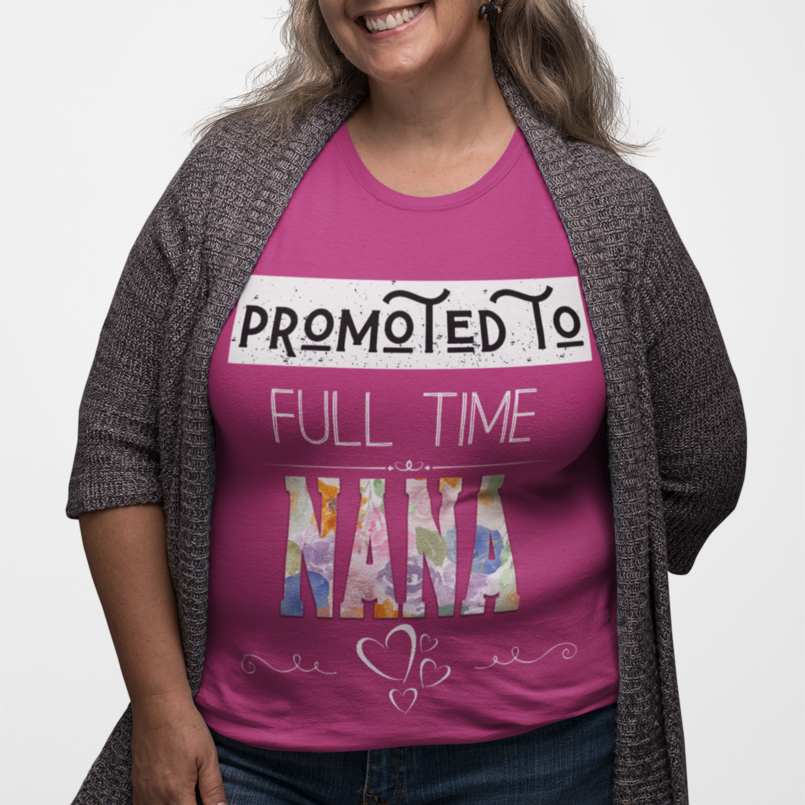 Dark pink tee featuring bold and floral lettering that reads "Promoted to Full Time Nana"