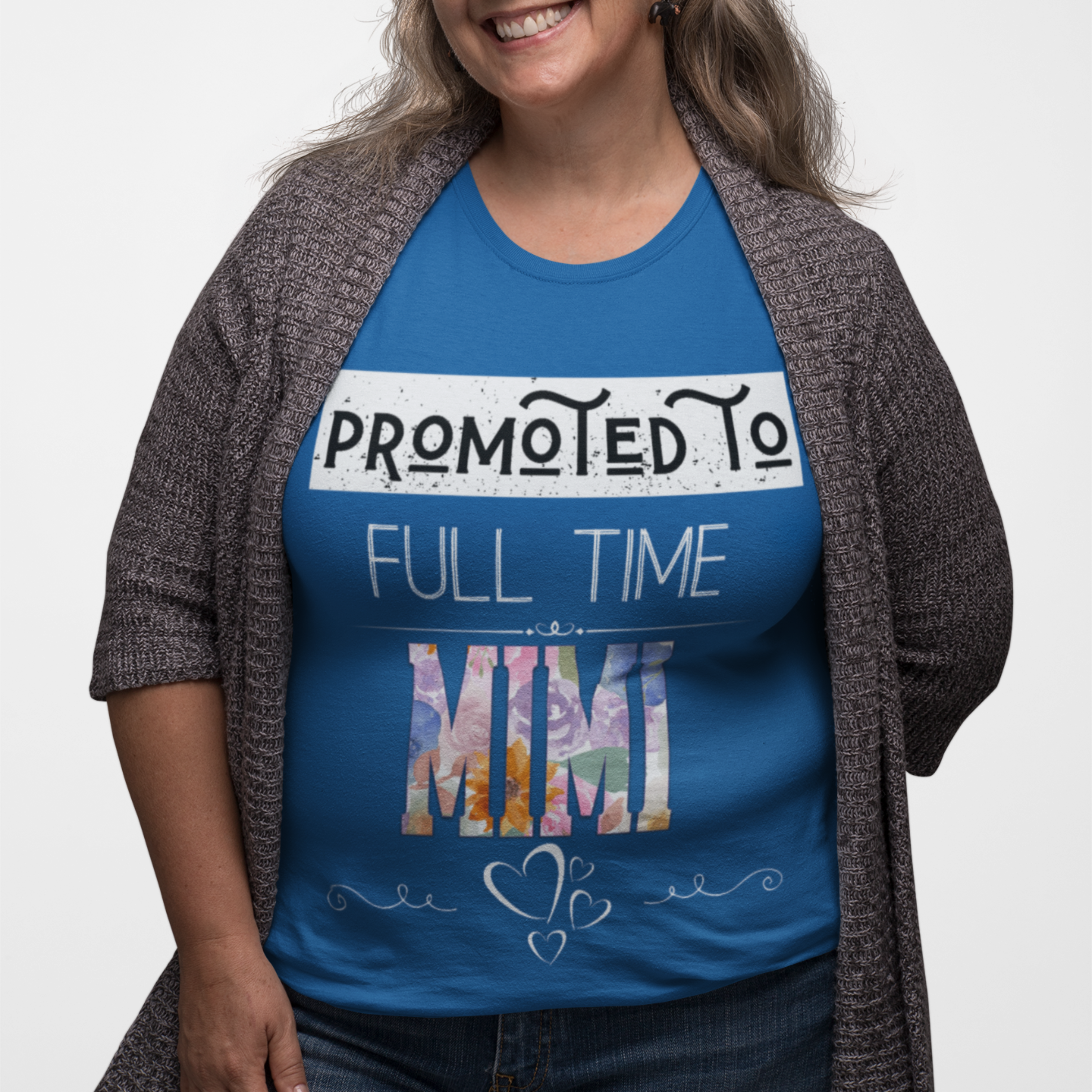 Royal blue tee featuring bold and floral lettering that reads "Promoted to Full Time Mimi"