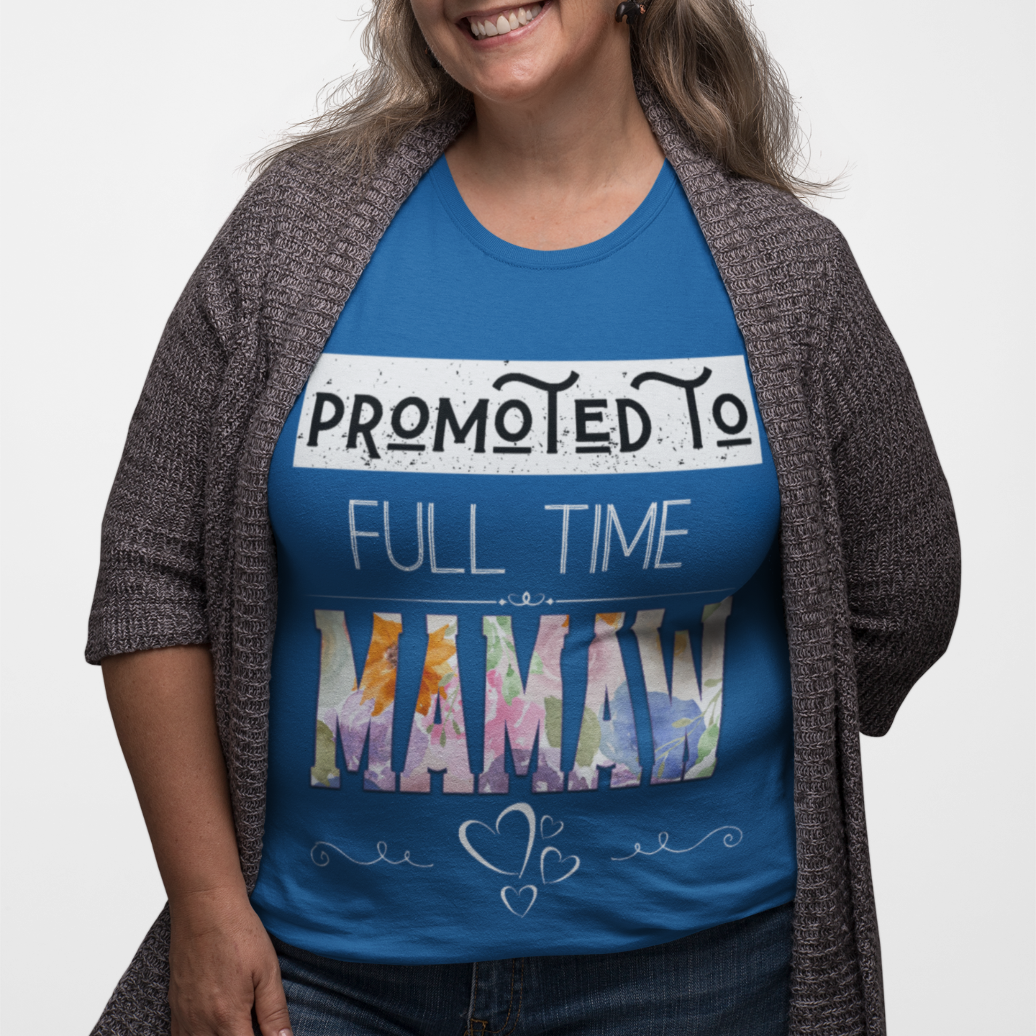 Royal blue tee featuring bold and floral lettering that reads "Promoted to Full Time Mamaw"