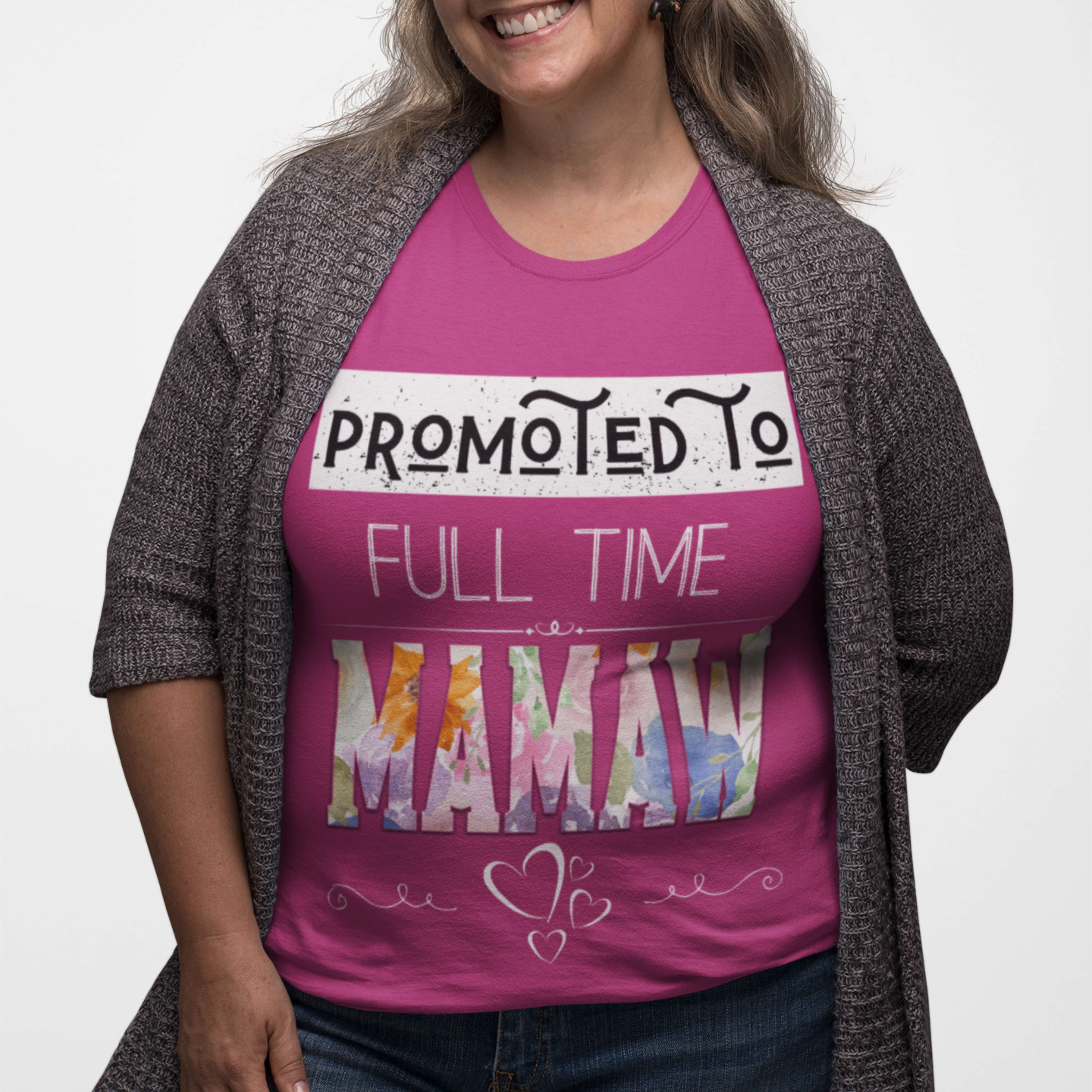 Dark pink tee featuring bold and floral lettering that reads "Promoted to Full Time Mamaw"