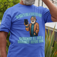 Royal blue t-shirt featuring a cartoon white-bearded man with a broken cell phone, laughing