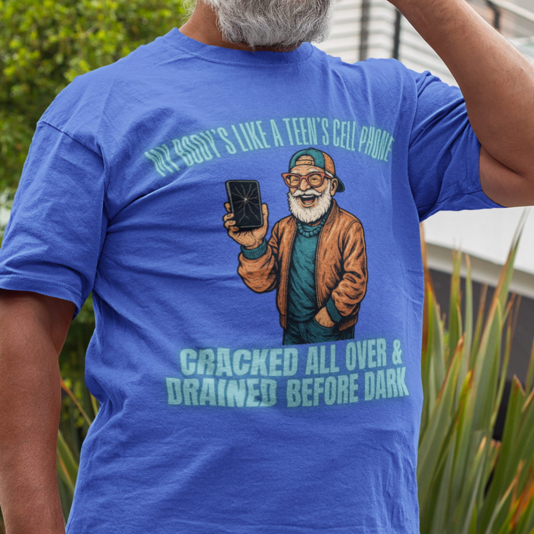 Royal blue t-shirt featuring a cartoon white-bearded man with a broken cell phone, laughing