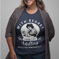 Navy blue tee featuring an old-fashioned lady handwriting her resignation letter to Adulting