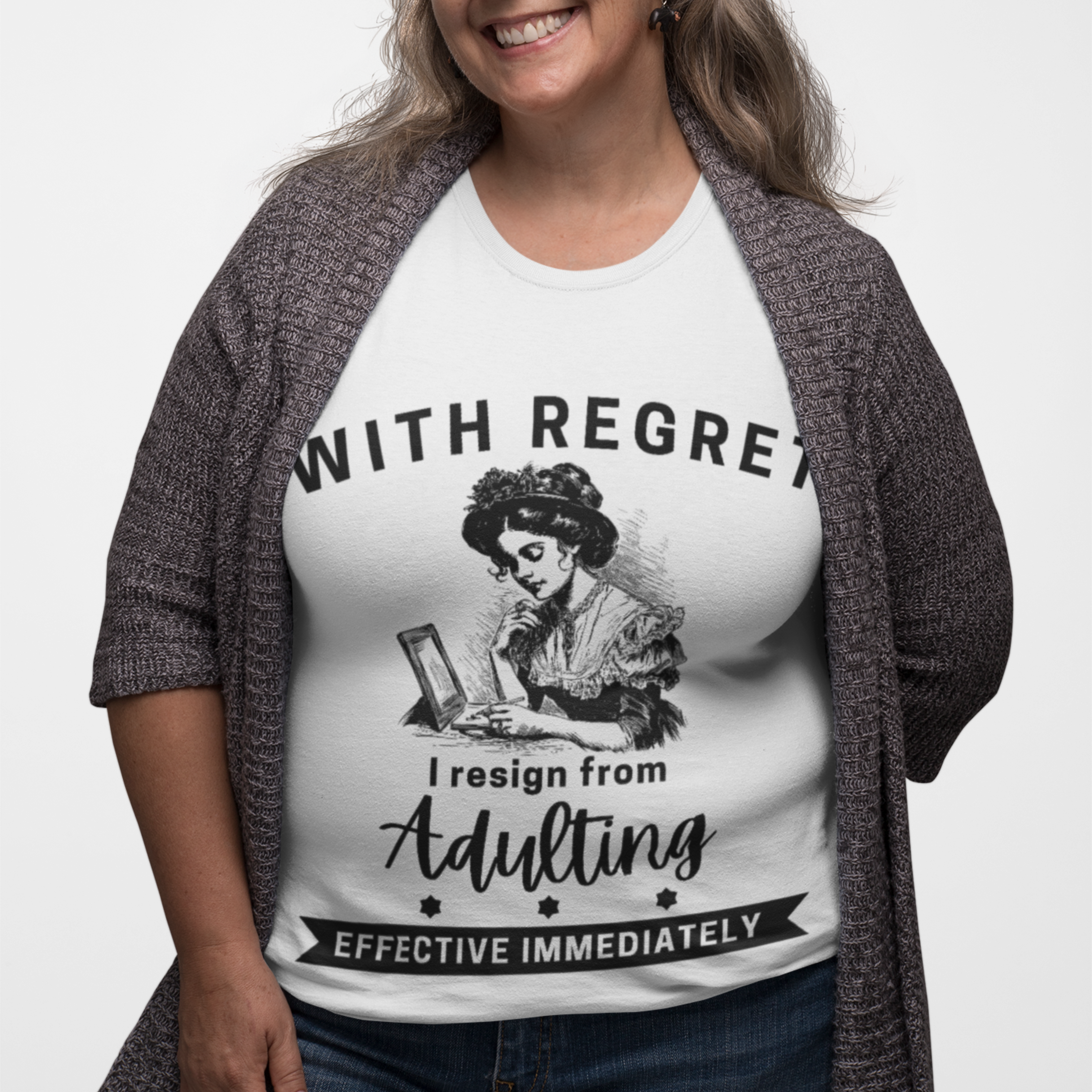 White tee featuring an old-fashioned lady handwriting her resignation letter to Adulting