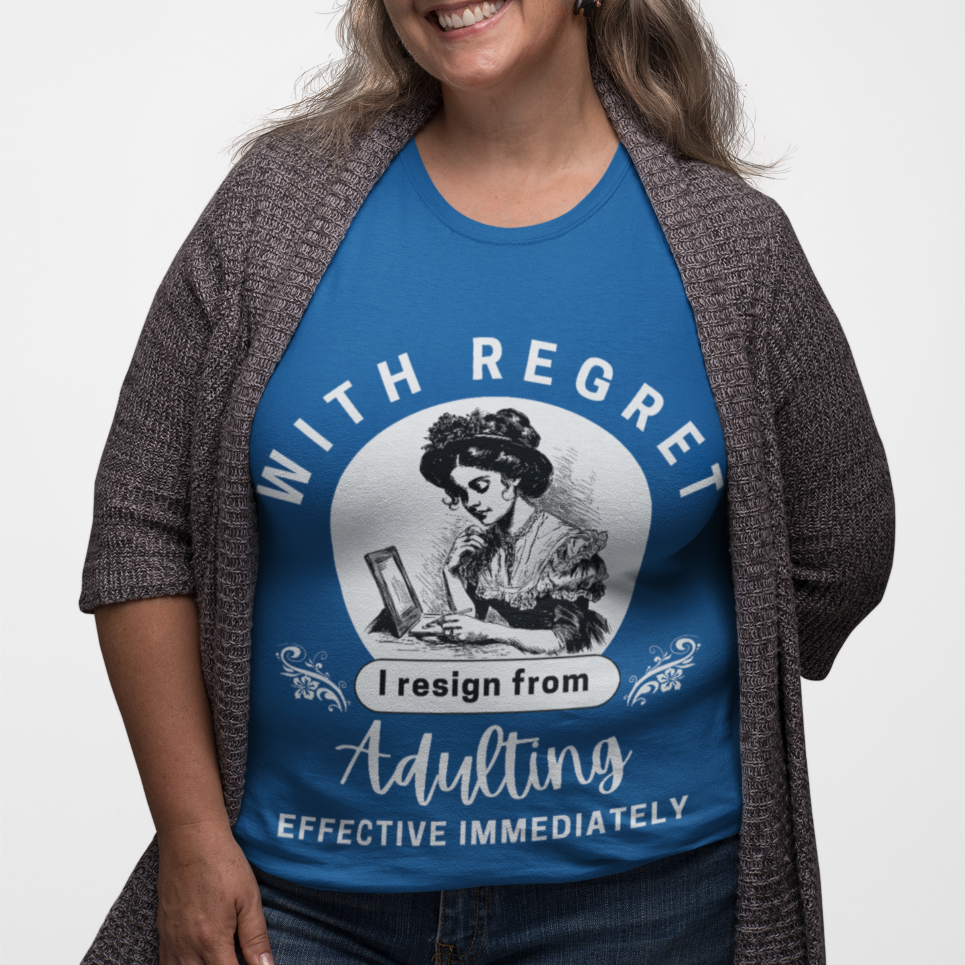 Royal blue tee featuring an old-fashioned lady handwriting her resignation letter to Adulting