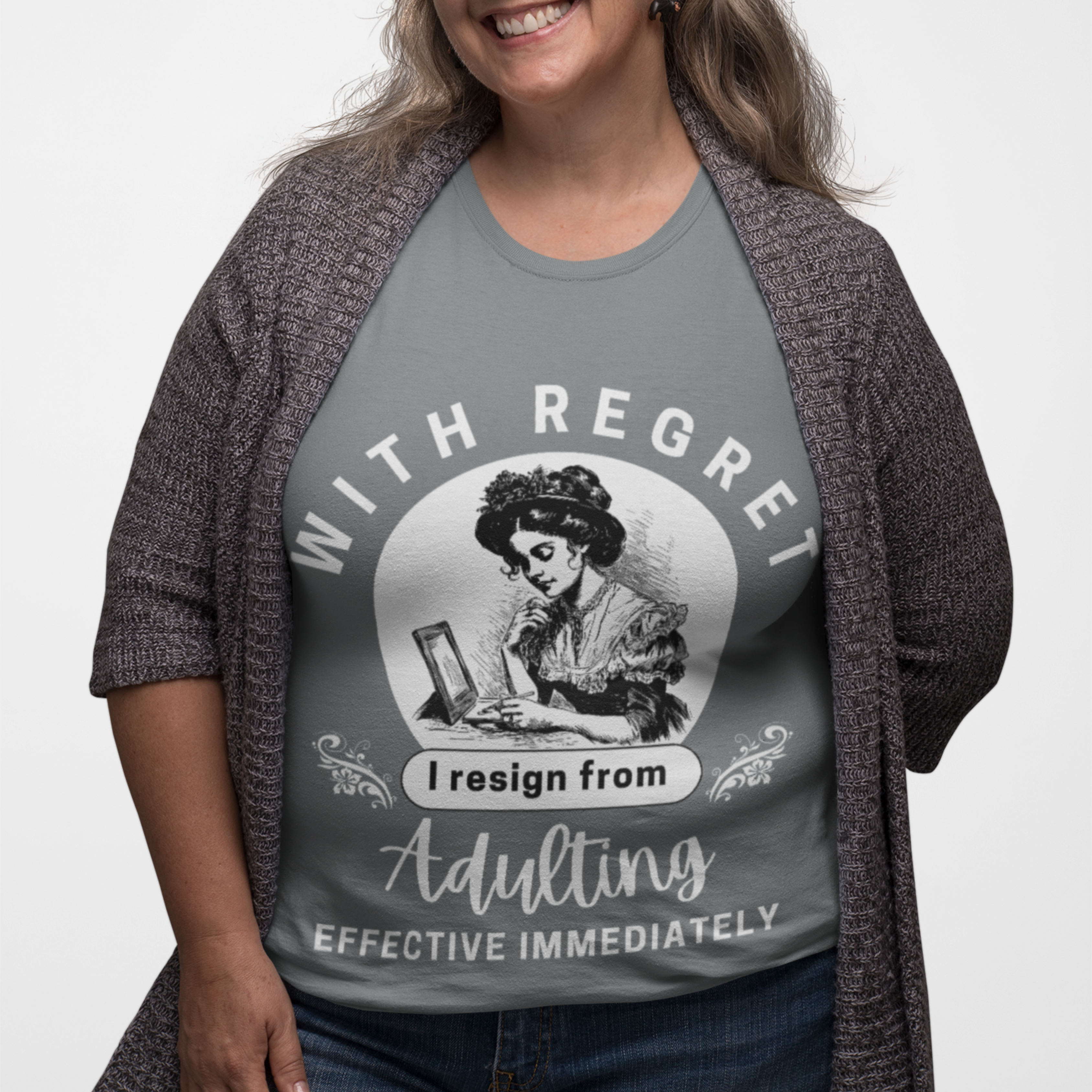 Heather gray tee featuring an old-fashioned lady handwriting her resignation letter to Adulting