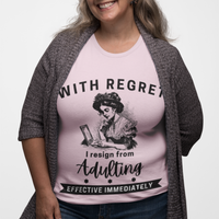 Light pink tee featuring an old-fashioned lady handwriting her resignation letter to Adulting