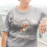 Heather gray t-shirt featuring a snarky old woman drinking her favorite hot beverage