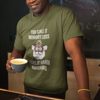 Military green t-shirt featuring the phrase 'Brain Buffering' with a loading icon graphic and a bald, bearded dark-toned senior.