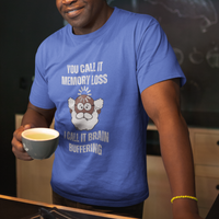 Royal blue t-shirt featuring the phrase 'Brain Buffering' with a loading icon graphic and a bald, bearded dark-toned senior.