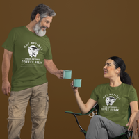 A couple in military green t-shirts featuring a whistling cartoon coffee cup that reads, Not Retired On An Extended Coffee Break. 