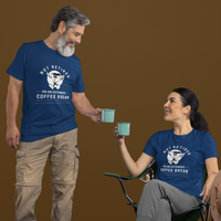 A couple in navy blue t-shirts featuring a whistling cartoon coffee cup that reads, Not Retired On An Extended Coffee Break. 
