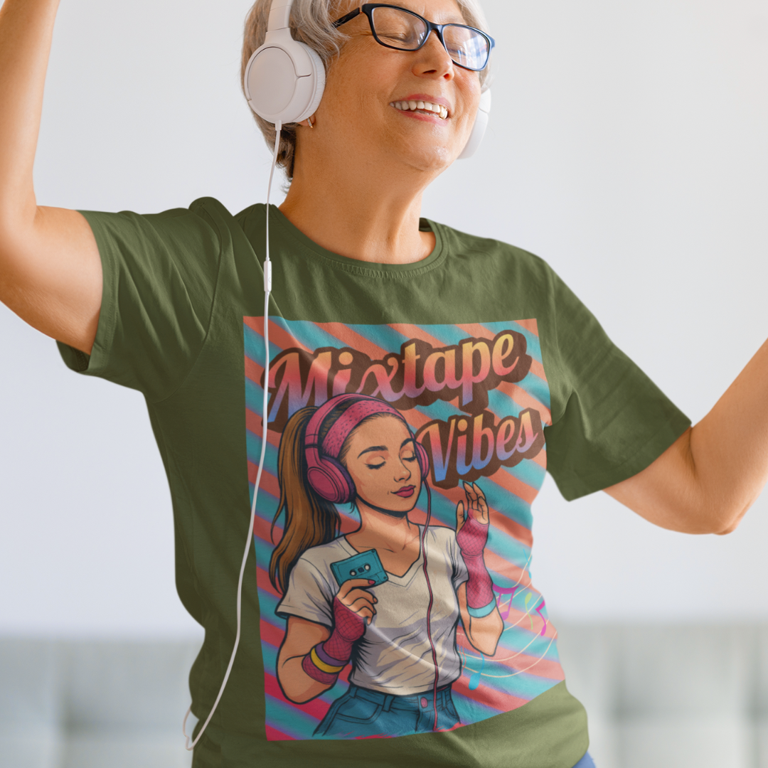 Military green tee featuring a teenage girl from the 1980s listening to her cassette player with the pastel colors of that era