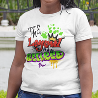 White t-shirt featuring bold graffiti style fonts states "The Legend Has Retired"