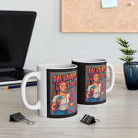Two mugs with 'Mixtape Vibes' design on a desk with office items.