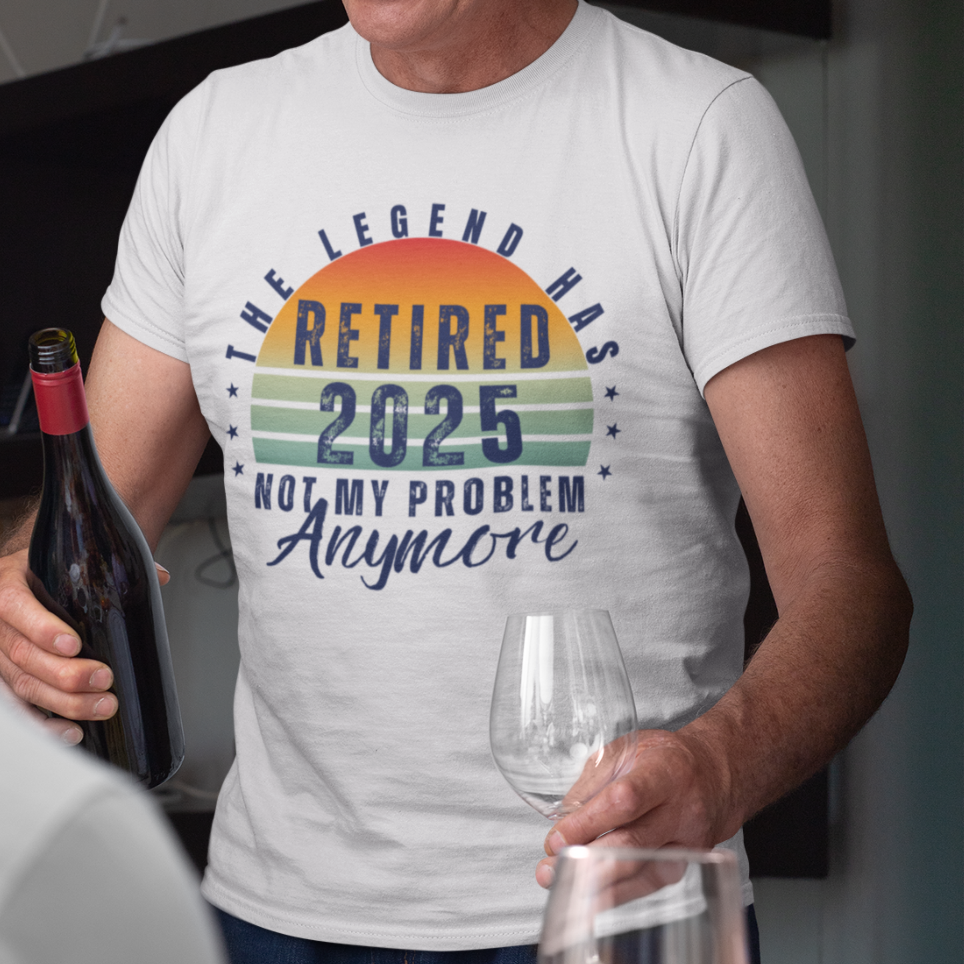 White t-shirt featuring a striped sunset that reads The Legend Has Retired Not My Problem Anymore