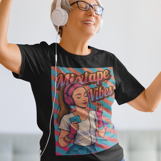 Black tee featuring a teenage girl from the 1980s listening to her cassette player with the pastel colors of that era