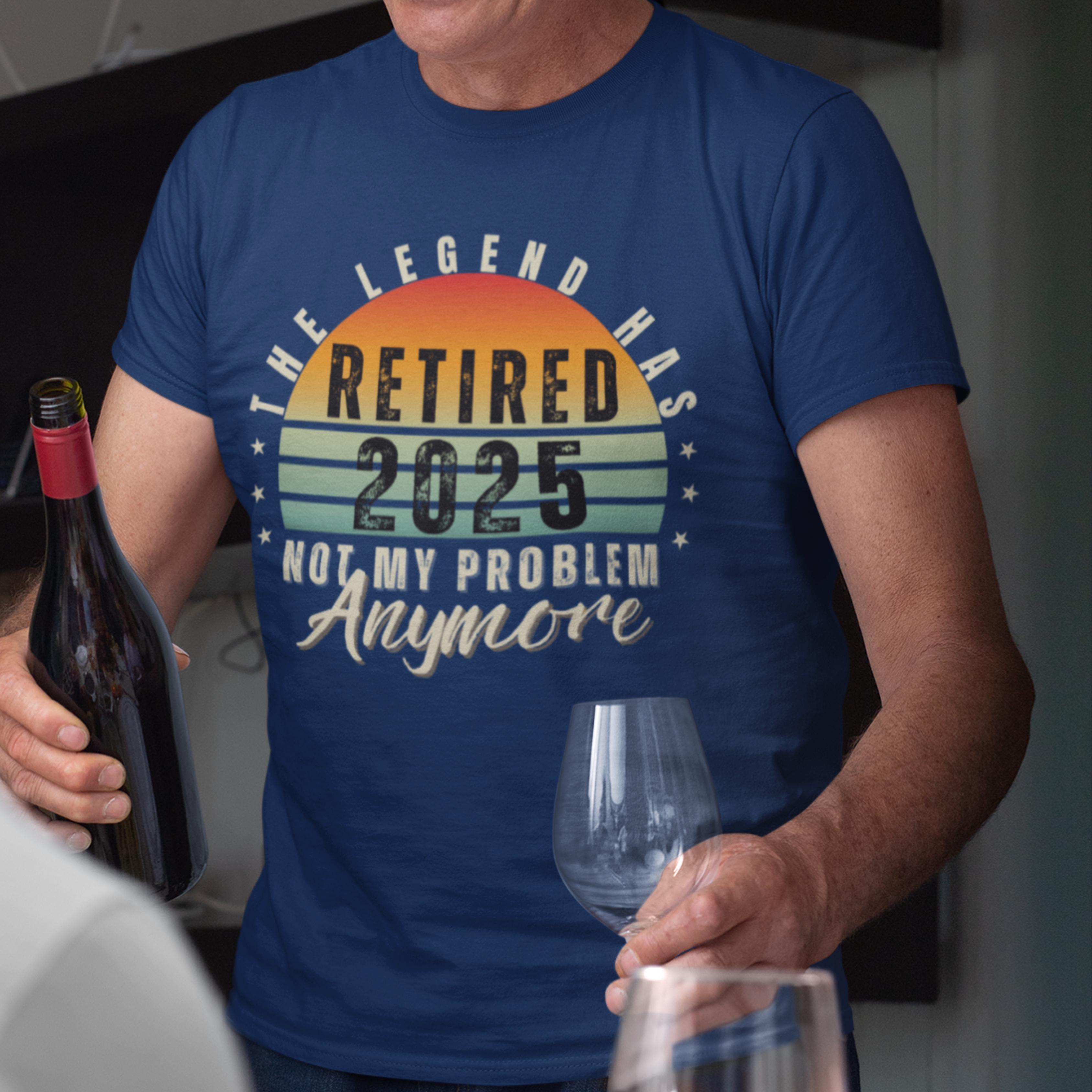 Navy blue t-shirt featuring a striped sunset that reads The Legend Has Retired Not My Problem Anymore