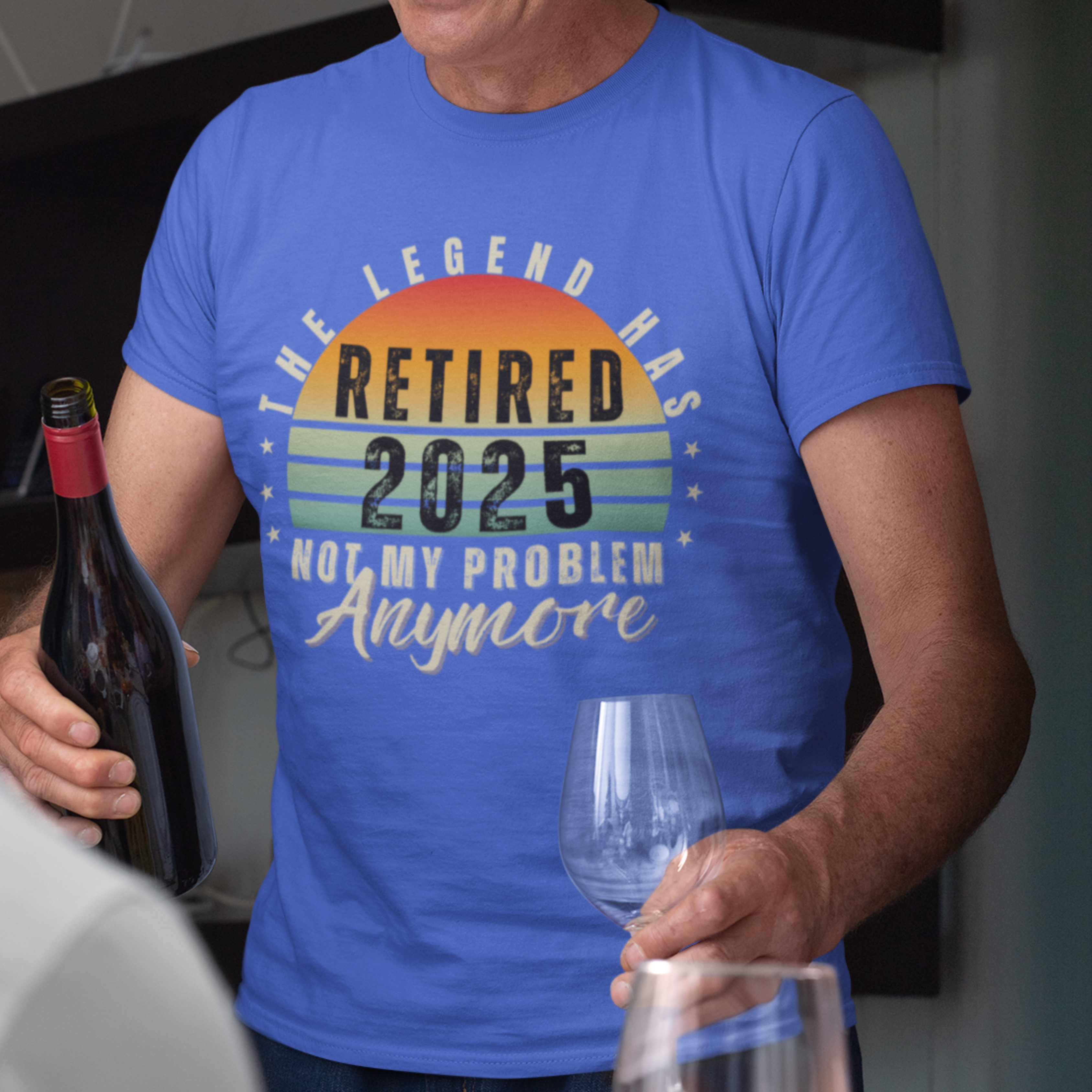 Royal blue t-shirt featuring a striped sunset that reads The Legend Has Retired Not My Problem Anymore