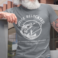 Heather gray t-shirt featuring a fisherman hooking a big bass that reads Office Relocated No Forwarding Address Provided Apologize for the Inconvenience