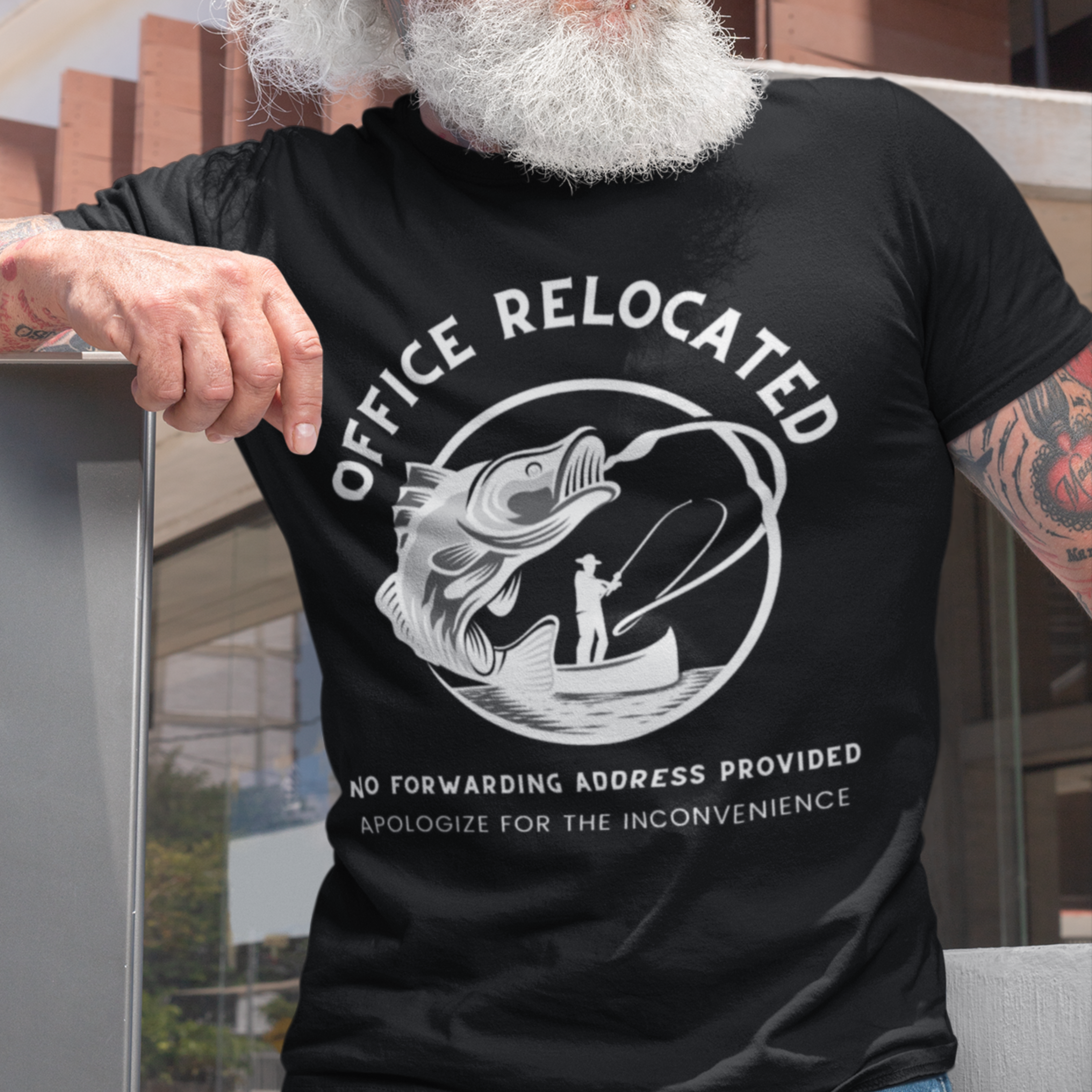 Black t-shirt featuring a fisherman hooking a big bass that reads Office Relocated No Forwarding Address Provided Apologize for the Inconvenience