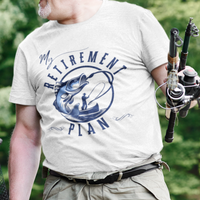 White t-shirt featuring a fisherman hooking a big bass on a fishing line. 