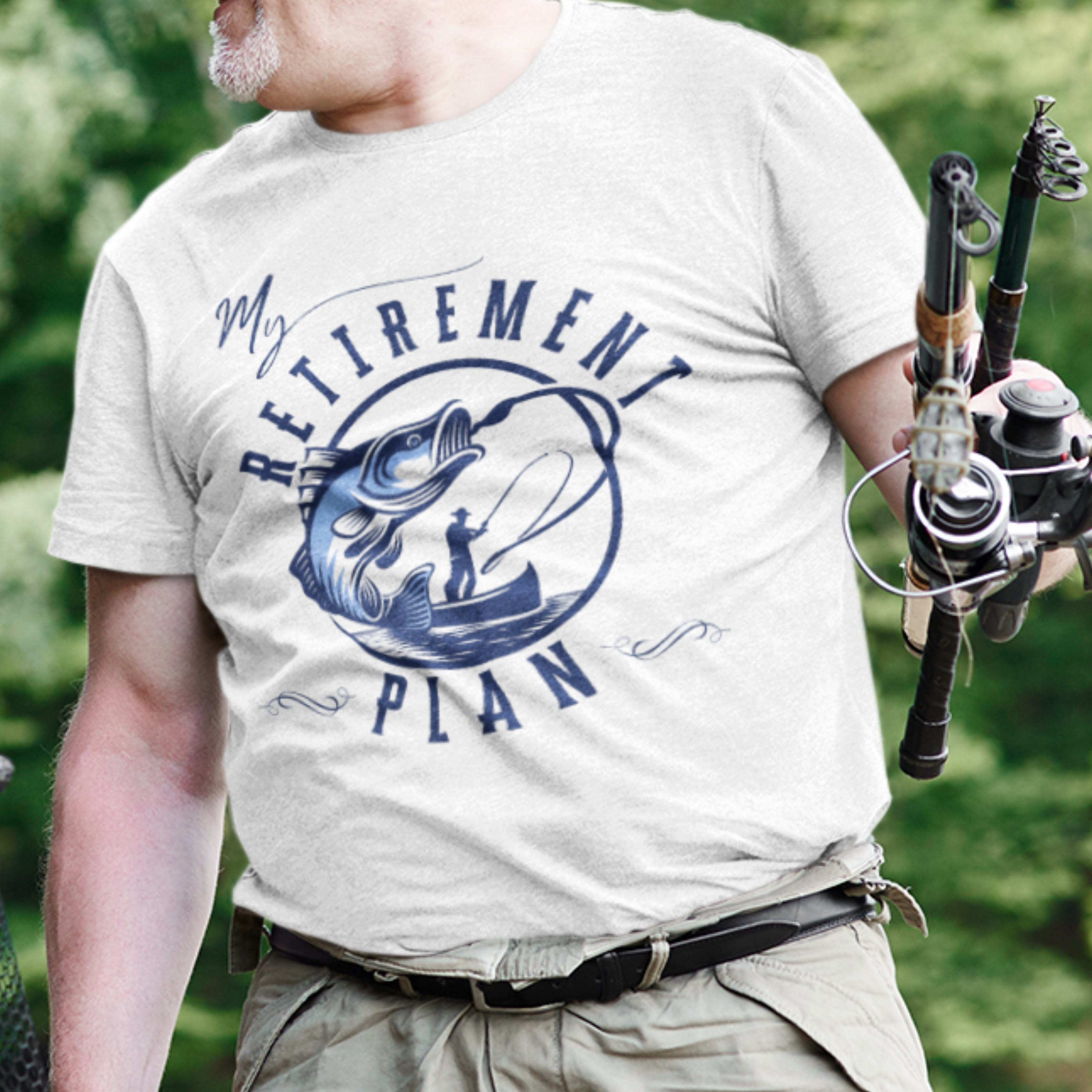 White t-shirt featuring a fisherman hooking a big bass on a fishing line. 