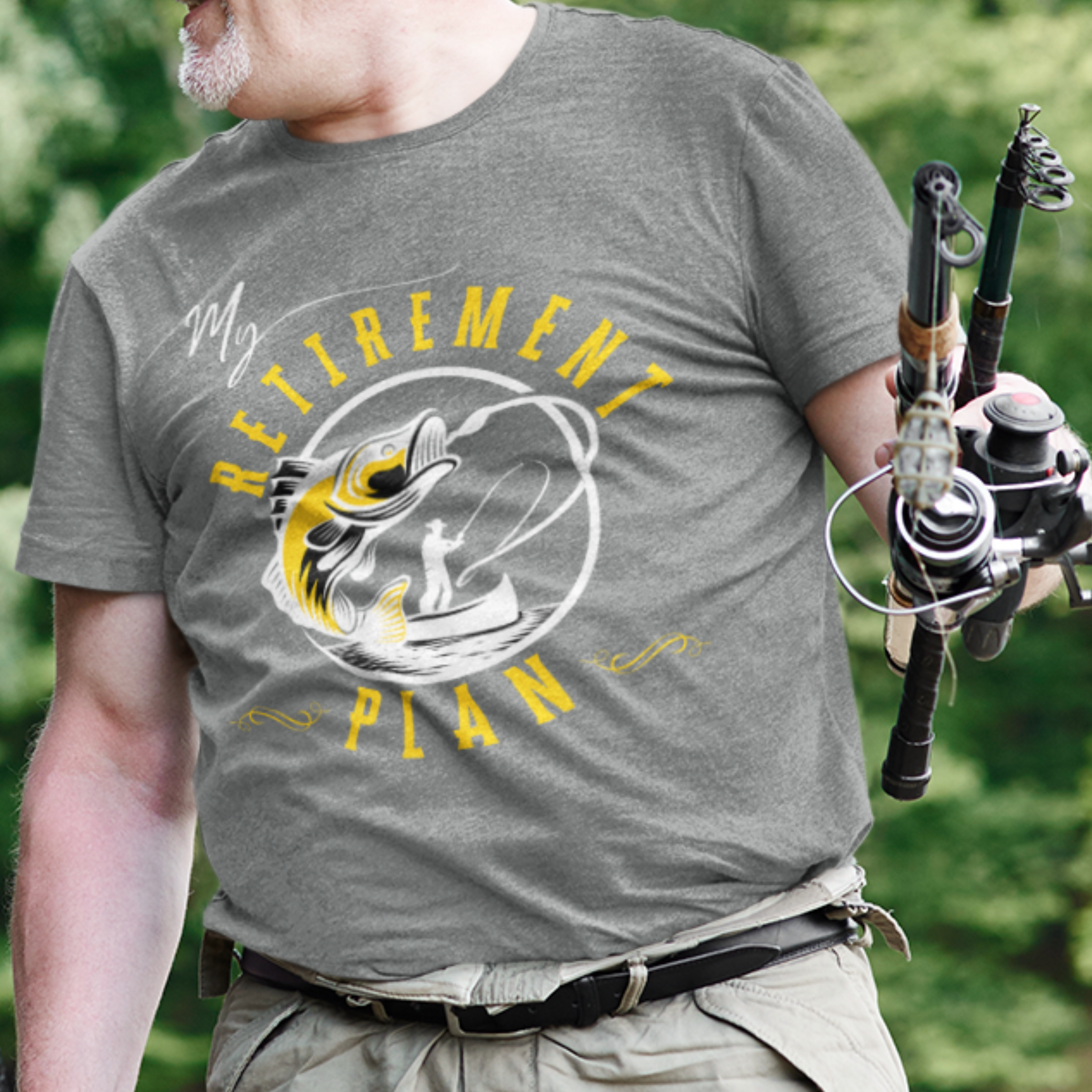 Heather gray t-shirt featuring a fisherman hooking a big bass on a fishing line. 