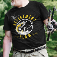 Black t-shirt featuring a fisherman hooking a big bass on a fishing line. 