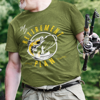 Military green t-shirt featuring a fisherman hooking a big bass on a fishing line. 