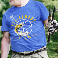 Royal blue t-shirt featuring a fisherman hooking a big bass on a fishing line. 