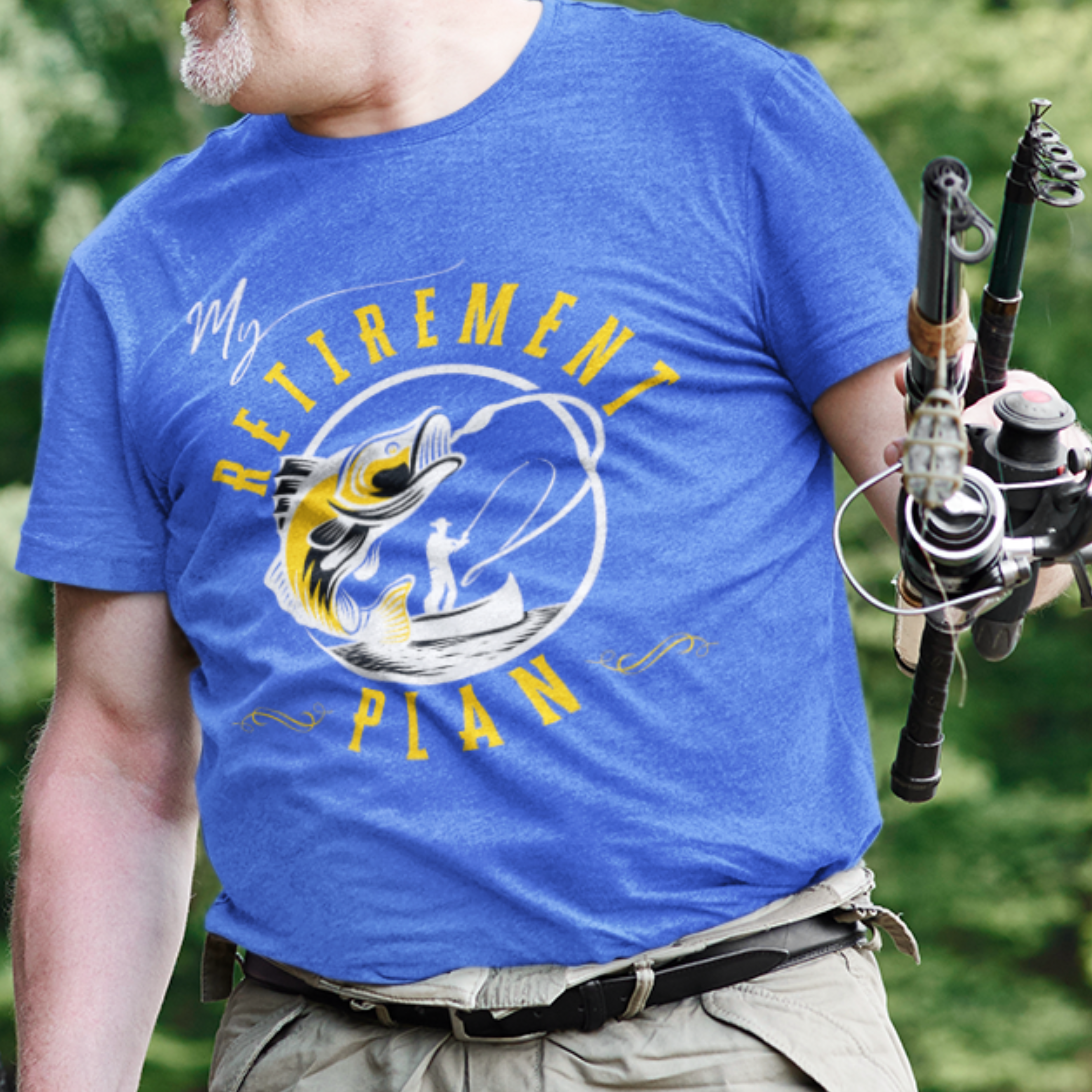 Royal blue t-shirt featuring a fisherman hooking a big bass on a fishing line. 