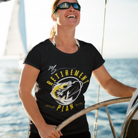 Black t-shirt featuring a fisherman hooking a big bass on a fishing line. 