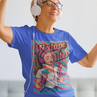 Royal blue tee featuring a teenage girl from the 1980s listening to her cassette player with the pastel colors of that era